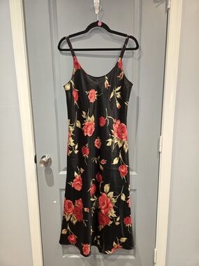 Oscar de la Renta Black Slip Maxi Dress with Red Rose and Gold Leaves